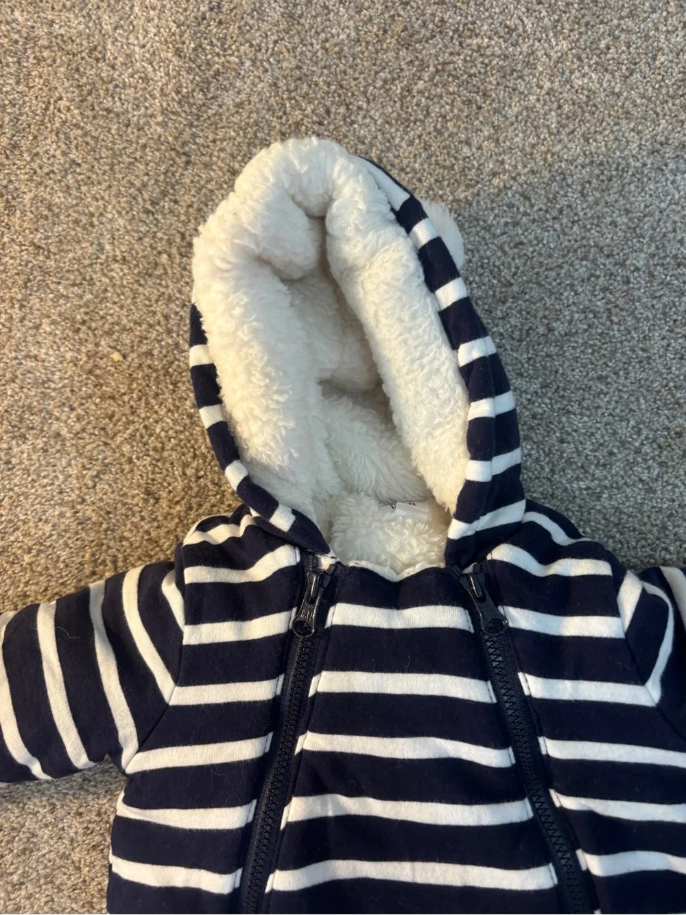 Baby Gap Navy White Striped Sherpa Lined Hooded Pram Suit Bunting 3-6m Bear